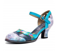  Genuine Leather Retro Buckle Fashion Floral Colorblock Comfy Mary Jane Heels