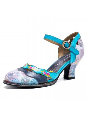  Genuine Leather Retro Buckle Fashion Floral Colorblock Comfy Mary Jane Heels