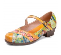  Vintage Oil Painting Fresh Color Print Leather Low Heels Buckle Mary Jane Shoes