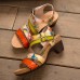  Genuine Leather Casual Bohemian Ethnic Floral Print Colorblock Comfy Heeled Sandals