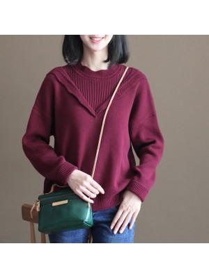 winter casual burgundy lace collar cotton sweater loose warm knit tops