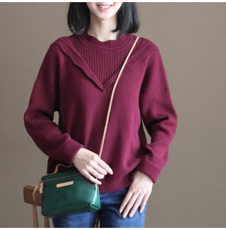 winter casual burgundy lace collar cotton sweater loose warm knit tops