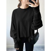 Women Solid Loose O  Neck Narrow Cuffs Long Sleeve Casual Pullover Sweatshirt