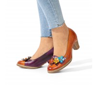  Genuine Leather Retro Ethnic Three  dimensional Flower Comfy Heels