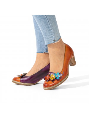  Genuine Leather Retro Ethnic Three  dimensional Flower Comfy Heels