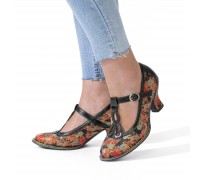  Genuine Leather Retro Fashion Floral Comfy T  strap Heels