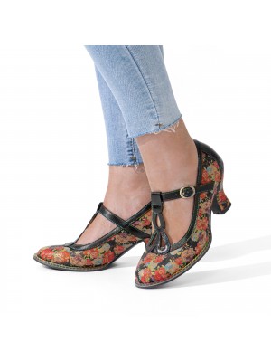  Genuine Leather Retro Fashion Floral Comfy T  strap Heels