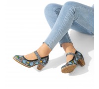  Genuine Leather Retro Embroidery Floral Comfy Mary Jane Heels