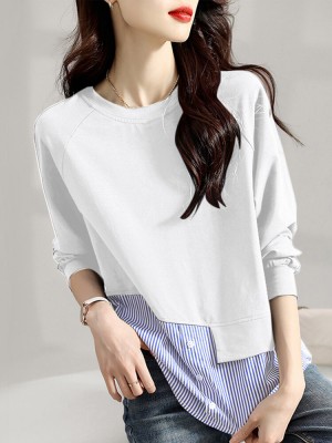 Stripe Stitch Hem Long Sleeve Crew Neck Casual Sweatshirt