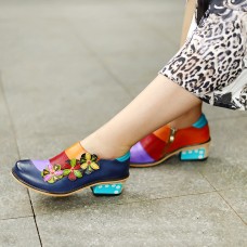  Genuine Leather Retro Colorblock Floral Decor Comfy Side  zip Low Heel Shoes