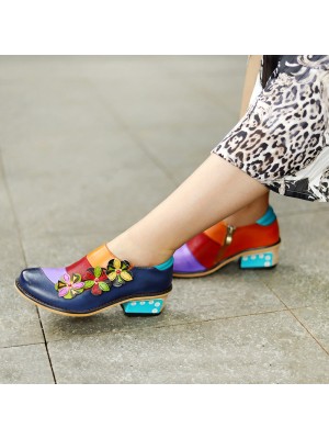  Genuine Leather Retro Colorblock Floral Decor Comfy Side  zip Low Heel Shoes