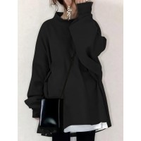 Women Turtleneck Calf Length Solid Buttons Side Pocket Pullover Sweatshirt