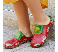  Genuine Leather Hand Made Retro Ethnic Floral Slip  On Comfortable Closed Toe Slippers