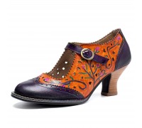  Genuine Leather Retro Fashion Floral Colorblock Comfy Breathable Hollow Mary Jane Heels