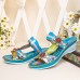  Genuine Leather Handmade Stitching Comfy Bohemian Flowers Decor Slip  On Wedges Sandals